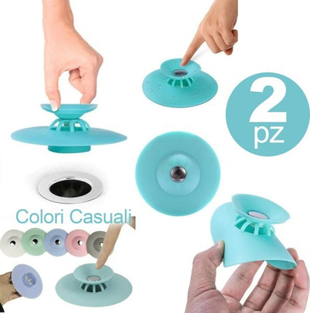 Set-2-Tappo-Pop-Up-In-Silicone-2in1-Per-Lavello-Lavandino-Rete-Cattura-Capelli