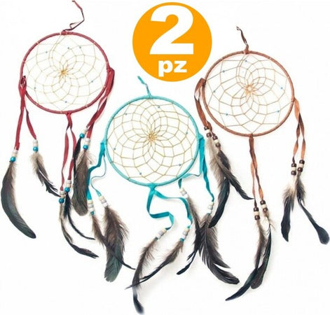 Set-2pz.-Acchiappasogni-Grande-13cm-Indiano-Dream-Piume-Decorazione-Bomboniera