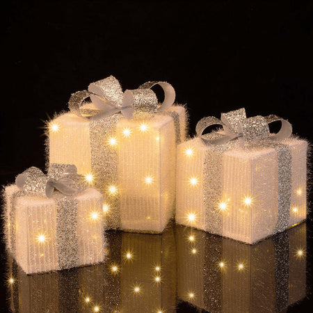 Set-3-Pacchetti-Pacchi-Regalo-Luminosi-Natale-Bianco-e-Argento-Interni-e-Esterni