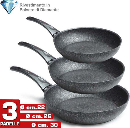 Set-3-Padelle-22-26-30cm-Rivestite-Con-Polvere-Di-Diamante-Padella-Antiaderente