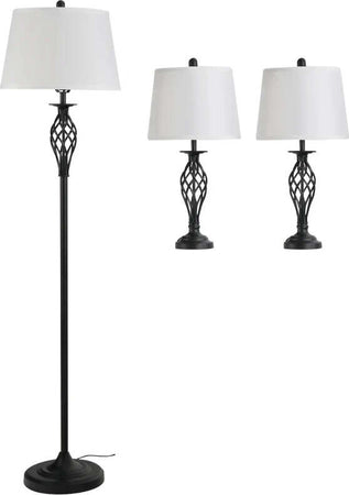 Set-3-Pezzi:-1-Lampada-da-Terra-e-2-Lampade-da-Tavolo-in-Metallo,-Design-Vintage,-Lampadine-E27,-Nero-e-Bianco-QL1B31-179QL1
