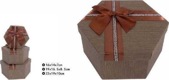Set-3-Pz-Scatole-Box-Per-Regali-Varie-Misure-Esagonali-Marrone-Con-Fiocco-69353