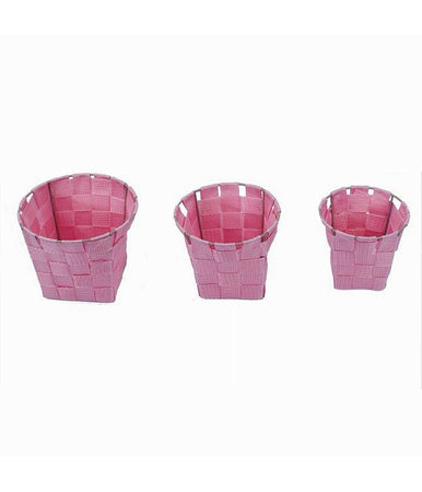 Set 3pz Cestini Rotondi Portaoggetti In Tessuto Rosa Per Bagno Casa Cucina 79047