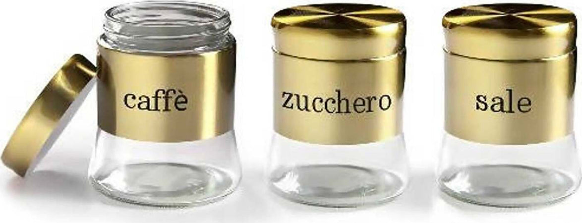 Set 3x Barattoli Da Cucina Tris Barattoli Da Cucina Utilissimi Caffe' Zucchero Sale Vaso in Vetro Con Coperchio per Condimenti Oro 750 Ml Made in Italy Casa e cucina/Contenitori e barattoli/Conservazione cibi/Barattoli e contenitori L’Orchidea - Siderno, Commerciovirtuoso.it