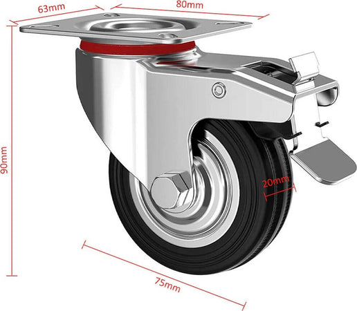 Set 4 Ruote Piroettanti Per Carichi Pesanti Girevole 360? Con Freno 80x63x H90mm Fai da te/Prodotti per la costruzione/Prodotti per il trasporto materiali/Rotelle industriali/Rotelle piatte Trade Shop italia - Napoli, Commerciovirtuoso.it