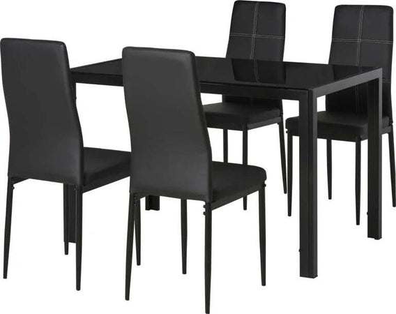 Set-5-Pezzi-con-1-Tavolo-e-4-Sedie-per-Cucina-o-Sala-da-Pranzo-in-Finta-Pelle,-Metallo-e-Vetro-Temperato,-Nero-TR2835-255BKTR2