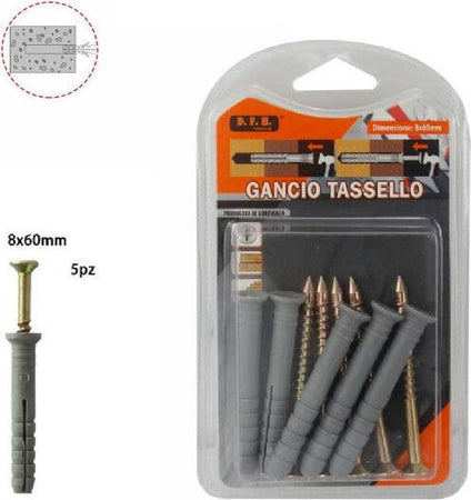Set-5-Pz.-Tasselli-Fisher-Viti-Vite-Chiodi-Gancio-Tassello-Misura-8-X-60mm-69053
