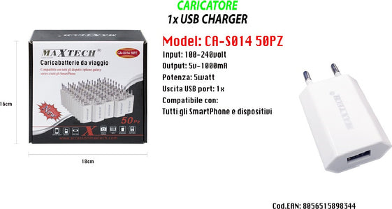Set-50-Caricatori-Usb-Smartphone-5v-1000ma-Caricabatteria-Maxtech-Ca-s014-50pz