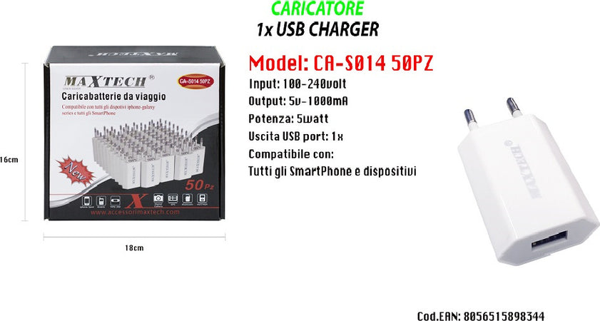 Set-50-Caricatori-Usb-Smartphone-5v-1000ma-Caricabatteria-Maxtech-Ca-s014-50pz