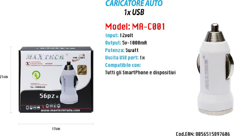 Caricatore Usb Da Auto Presa Universale Viaggio Accendisigari 5v-1000ma Maxtech Ma-c001 Elettronica/Cellulari e accessori/Accessori/Caricabatterie/Caricabatterie da auto Trade Shop italia - Napoli, Commerciovirtuoso.it