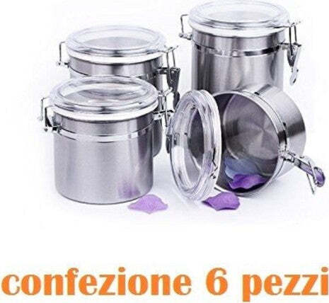Set-6-Pezzi-Barattolo-In-Acciaio-Inox-10-X-11-Cm-Alimenti-Zucchero-Caffè-Cucina
