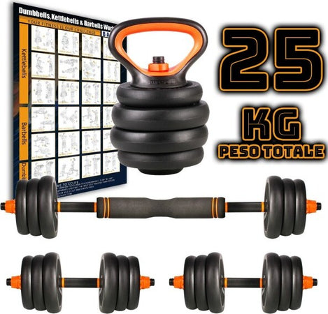 Set-6in1-Multifunzione-Peso-25kg-Manubri-Con-Bilanciere-E-Kettlebell-Componibile