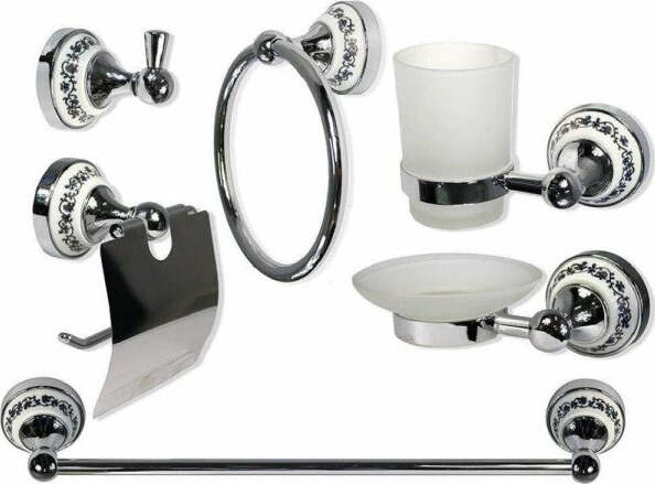 Set-6pz-Bagno-Acciaio-Vetro-Ceramica-Blu-Nere-52438-Porta-Rotolo-Sapone-Asciugamano