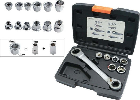 Set-7-Chiave-A-Cricchetto-Reversibile-Esagonali-14-19mm-5-Innesti-6-19mm