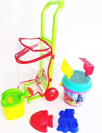 Set-8pz-Carrello-Con-Secchiello-Paletta-Rastrello-Formine-Sabbia-Gioco-Spiaggia-Mare-Bambini