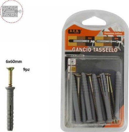 Set-9-Pezzi-Tasselli-Fisher-Viti-Vite-Chiodi-Gancio-Tassello-Misura-6x60mm-69049