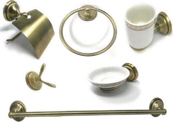 Set-Bagno-Classico-Oro-Satinato-Vetro-6pz-Portarotolo-Sapone-Asciugamano-52644