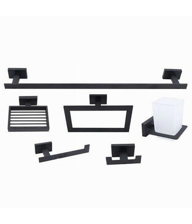 Set Bagno Rettangolare Nero 6pz Porta Asciugamano Rotolo Bicchiere Spazzolino 87262