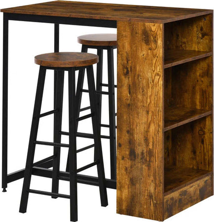 Set-Bancone-Bar-con-2-Sgabelli-Alti-Stile-Industriale-con-Mensole,-Marrone-Rustico-YT9835-489YT9