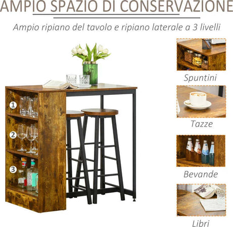 Set-Bancone-Bar-con-2-Sgabelli-Alti-Stile-Industriale-con-Mensole,-Marrone-Rustico-YT9835-489YT9