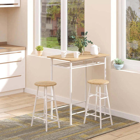 Set-Bancone-Bar-e-2-Sgabelli-Alti-in-Legno-Stile-Nordico-con-Mensola-e-Poggiapiedi,-Bianco-HY6835-297WTHY6