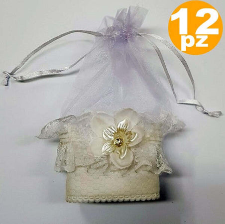Set-Bomboniera-Bomboniere-Sacchetto-In-Organza-Bianco-Pizzo-Fiore-Porta-Confetti