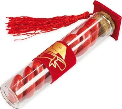 Set-Bomboniere-Ampolla-Laurea-In-Vetro-Tappo-Sughero-Con-Cappello-Portaconfetti