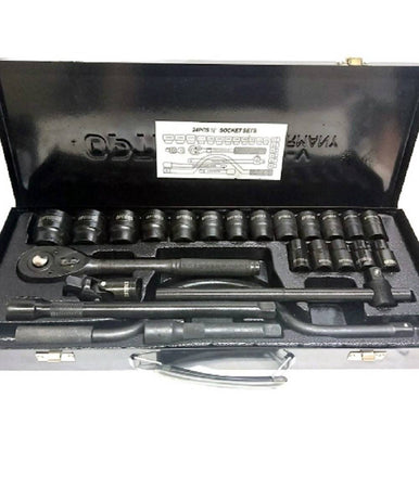 Set Chiavi A Bussola 24 Pezzi Con Cricchetto Reversibile 1/2'' Prolunghe Valigia