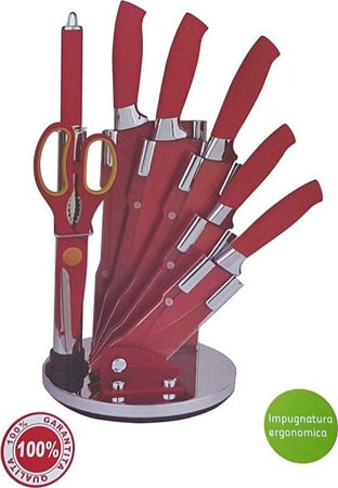 Set-Coltelli-Con-Ceppo-8-Pezzi-Royalty-Line-Acciaio-Rivestito-Rosso-Espositore