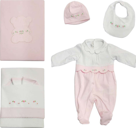 Set Completo Nascita Bimba Kit 5Pz. Tutina Completino Rosa e Bianco +1 Cappello +1Bavaglino +1 Coperta +1 Lenzuolo Ricamato Set Completo Nascita Bimba Sanitaria Gioia del Bimbo - Villa San Giovanni, Commerciovirtuoso.it