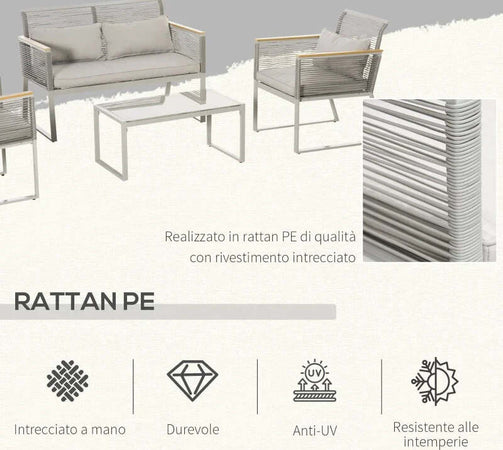 Set-da-Giardino-4-Pezzi-in-Rattan-PE-con-2-Poltrone,-Divanetto-e-Tavolino-da-Caffè-in-Vetro-Temperato-Grigio--867-100