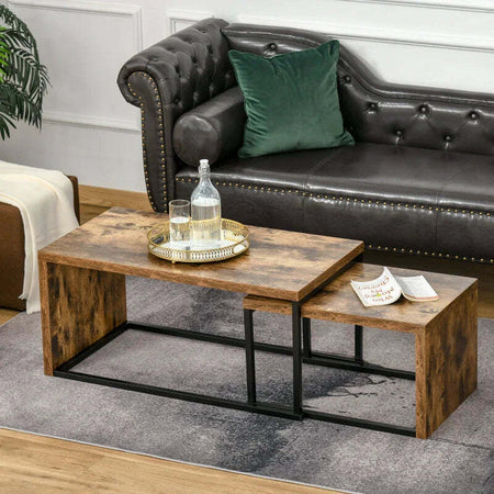 Set-di-2-Tavolini-da-Salotto-Impilabili-e-Salvaspazio-in-Stile-Industriale,-Legno-MDF-e-Metallo,-Marrone-e-Nero-CF9839-082CF9