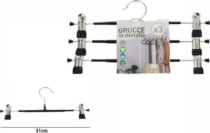 Set-Di-3-Pz-Grucce-Gruccia-In-Metallo-Nera-Con-Clip-31cm-Vestiti-Pantaloni-67620