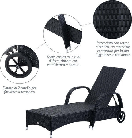 Set-Mobili-da-Giardino-2-Sedie-a-Sdraio-e-Tavolino-3pz-Lettino-Prendisole-Rotelle-Reclinabile-Rattan-Nero-862-011BK