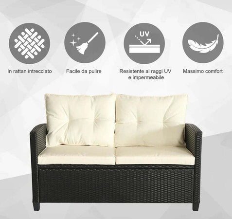 Set-Mobili-da-Giardino-4-Pezzi-in-Rattan-PE-e-Tavolino,-Divano-e-Poltrone-Imbottiti-Nero-e-Beige-124x68x76cm-860-117CW