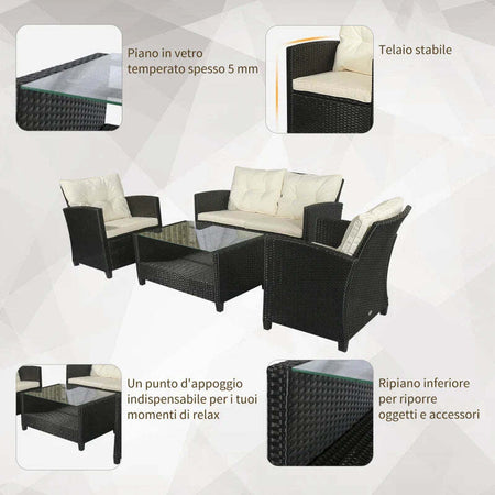 Set-Mobili-da-Giardino-4-Pezzi-in-Rattan-PE-e-Tavolino,-Divano-e-Poltrone-Imbottiti-Nero-e-Beige-124x68x76cm-860-117CW
