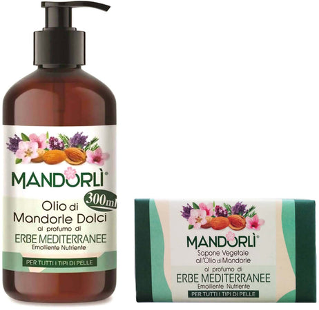 Set Saponi Mandorlì Olio Di Mandorle Dolci Al Profumo Di Erbe Mediterranee 300 Ml + Sapone Vegetale Solido Al Profumo Di Erbe Mediterranee 100g