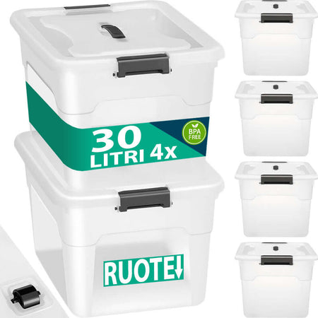Set-Scatole-4-x-30-L-Portaoggetti-in-Plastica-Cassetto-Contenitore-Salvaspazio
