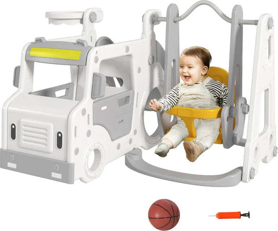 Set-Scivolo-per-Bambini-18-48-Mesi-con-Altalena,-Macchinina-e-Canestro,-201x151x87.5cm,-Bianco-BV5331-041V00WTBV5