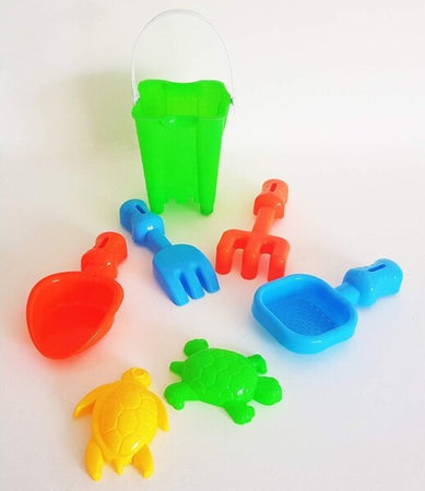 Set-Secchiello-Paletta-Rastrello-Formine-Setaccio-Sabbia-Gioco-Spiaggia-Mare-Bimbi