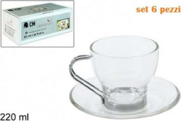 Set-Servizio-6-Tazze-Tazzine-Caffè-In-Vetro-Trasparente-Con-Piattino-220ml