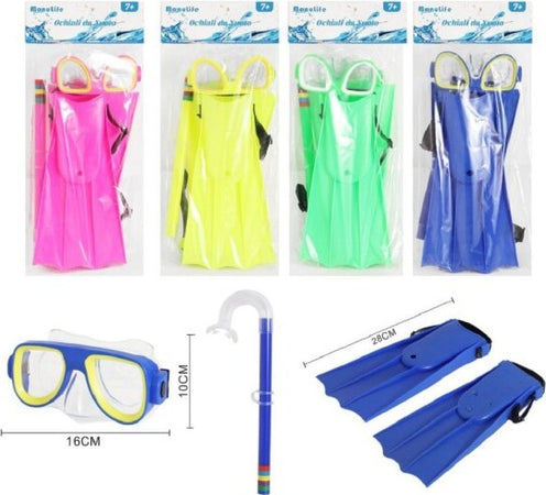 Set-Sub-Maschera-16x10cm-Boccaglio-Pinne-28cm-Colorato-Nuoto-Mare-Estate-605417