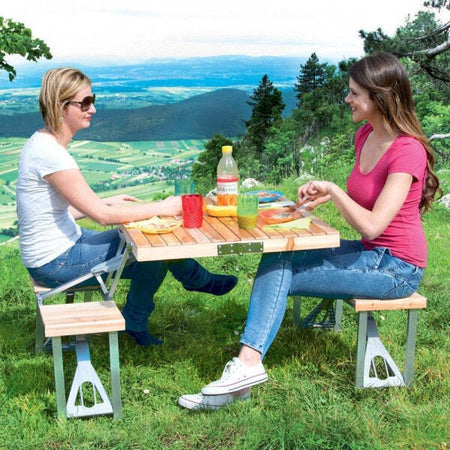 Set-Tavolo-Tavolino-Pieghevole-Pic-Nic-Campeggio-Alluminio-Con-4-Sgabelli-Legno