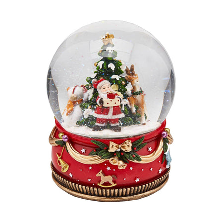 Sfera di cristallo natalizia con Babbo Natale con Pino e Dono, Carillon decorazione per interno h 21 cm