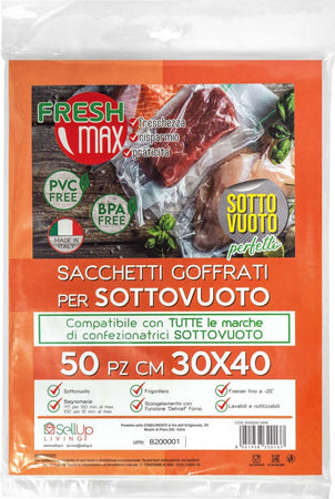 SH50SAC3040 FreshMax® Sacchetto Goffrato per sottovuoto 30x40cm - Confezione da 50 sacchetti Casa e cucina/Elettrodomestici per la cucina/Accessori e parti di ricambio/Accessori per macchine sottovuoto SellUp - Bassano del Grappa, Commerciovirtuoso.it