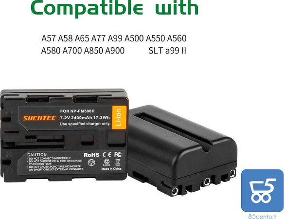 Shentec NP-FM500H con 2 batterie & Fast LCD Dual Charger COMPATIBILE camera A57 A58 A65 A77 A99 A500 A550 A560 A580 A700 A850 A900 SLT a99 II