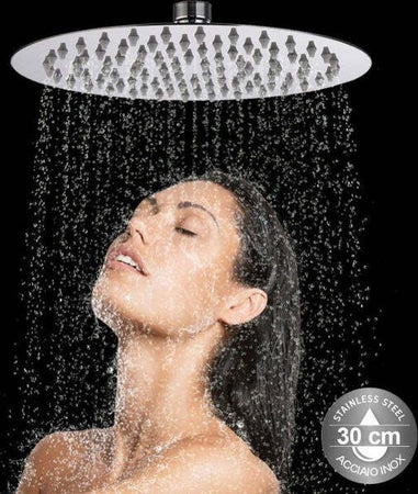 Soffione-Doccia-Bagno-Cascata-Tondo-30-Cm-Acciaio-Ultra-Sottile-Effetto-Pioggia