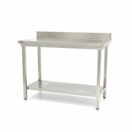 Tavolo in Acciaio Inox - 180 x 60cm - Altezza Regolabile - con Schienale e Ripiano di Stoccaggio
