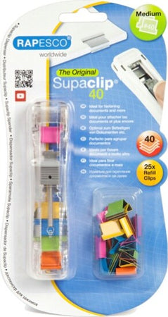 Sparamolle Supaclip 40 - 25 mollette incluse - colori assortiti - Rapesco Cancelleria e prodotti per ufficio/Archivio ufficio e accessori per scrivania/Nastri colle elastici e graffette/Graffette molle fermacarte e anelli Eurocartuccia - Pavullo, Commerciovirtuoso.it