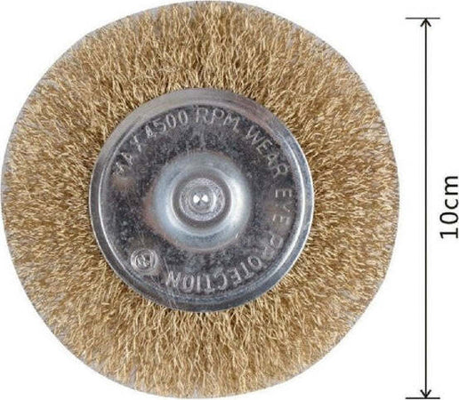 Spazzola-A-Disco-Filo-In-Ferro-Ondulati-Ottonati-Con-Gambo-100-Mm-Per-Trapano